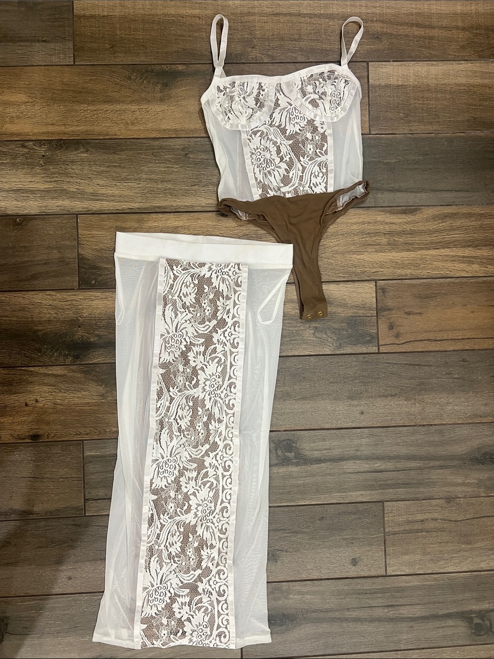 JLUXLABEL White Lace & Brown Mesh Two-Piece Bodysuit Set - Picture 1 of 9